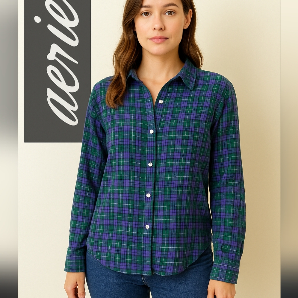 Aerie Super Soft Flannel Button-Up Shirt | Women’s Medium | Blue Green Plaid